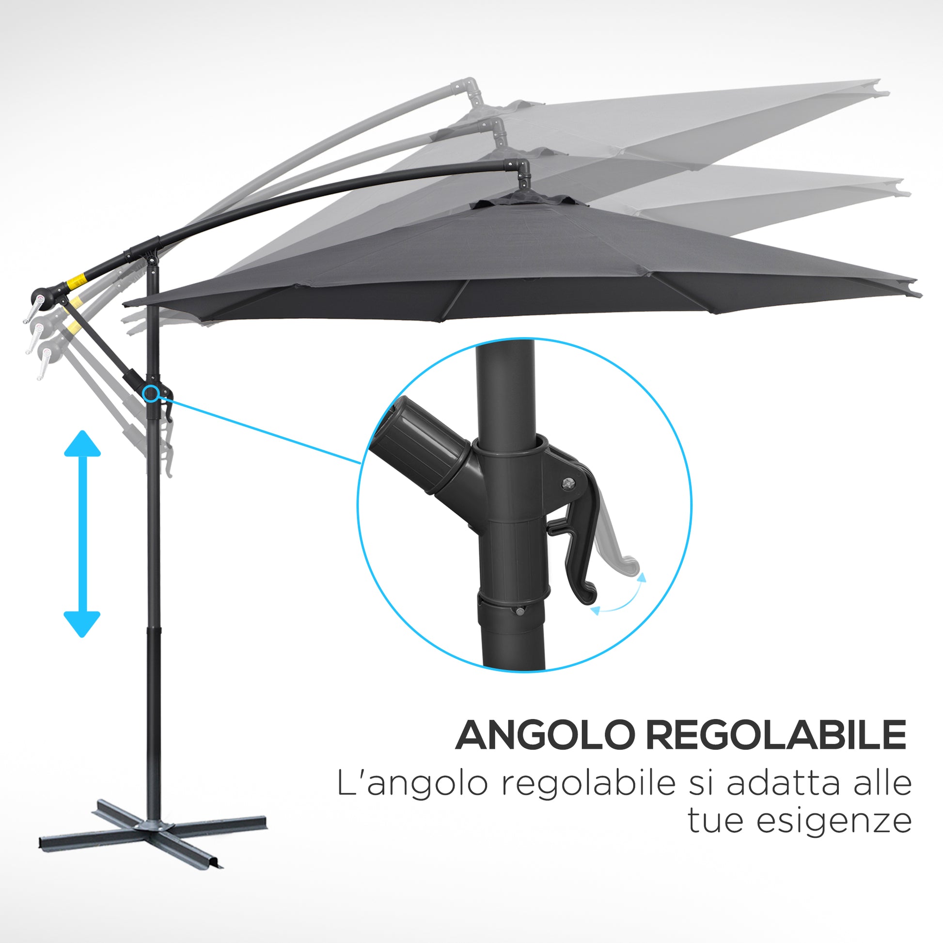 3x2.5 m Gray Garden Umbrella with Tilt Arm and Crank, Steel and Polyester