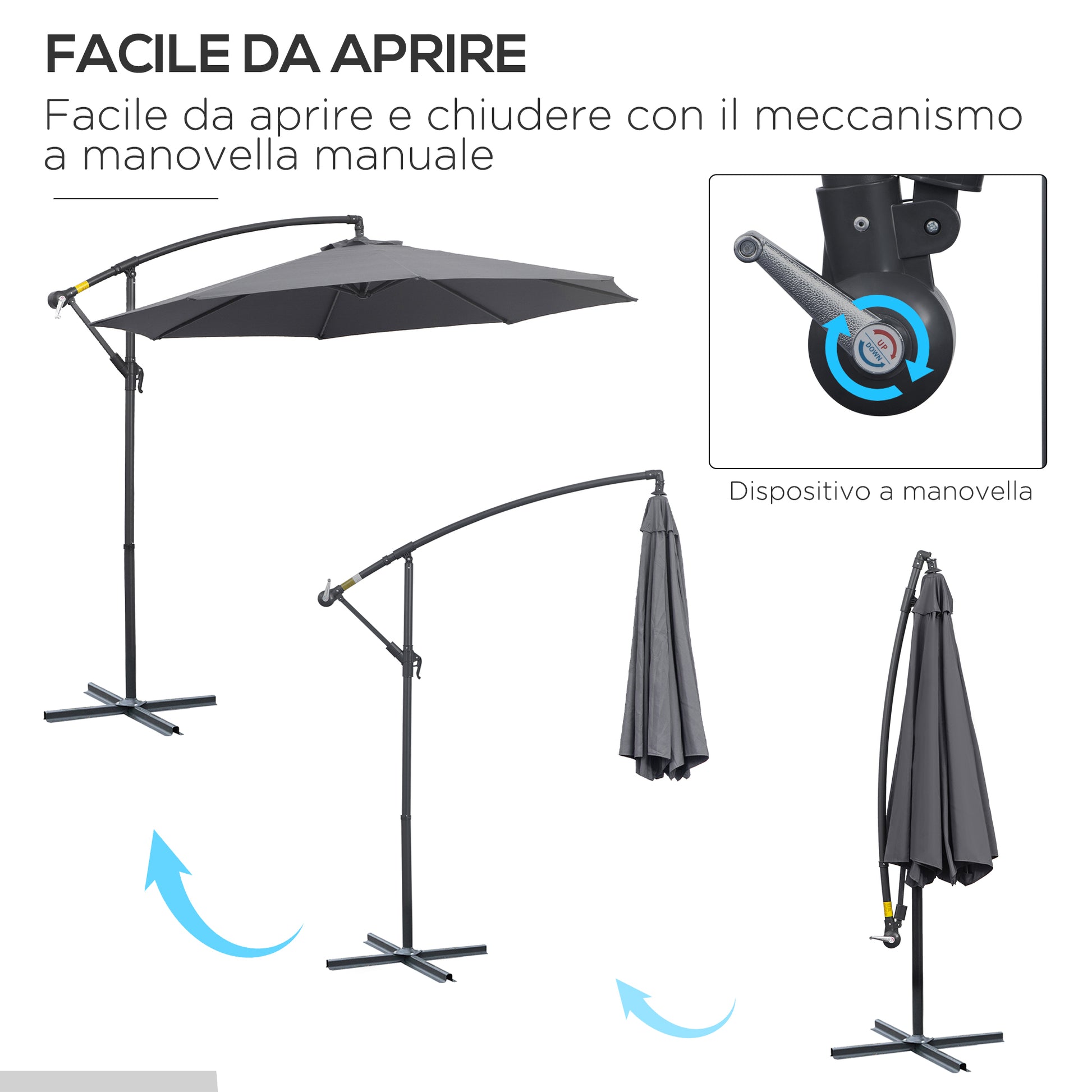 3x2.5 m Gray Garden Umbrella with Tilt Arm and Crank, Steel and Polyester