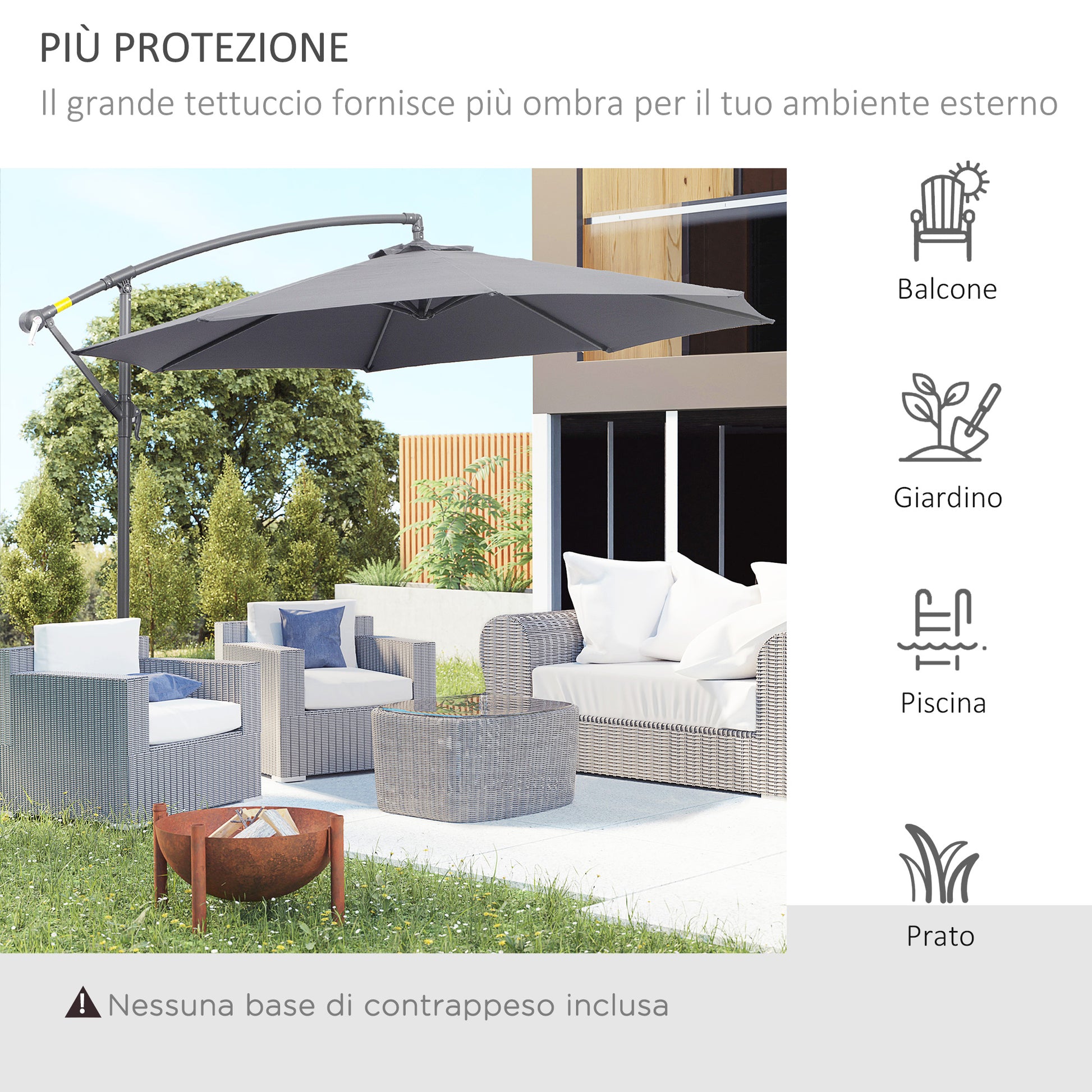 3x2.5 m Gray Garden Umbrella with Tilt Arm and Crank, Steel and Polyester