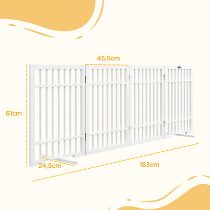 Dog Barrier Gate 4-Panel, 183 x 61 cm Foldable Door Safety Gate Made of Wood, Freestanding Dog Gate with 2 Support Feet, for Kitchen, Hallway, Stairs, White