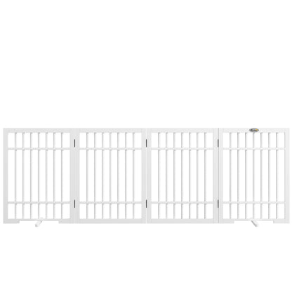 Dog Barrier Gate 4-Panel, 183 x 61 cm Foldable Door Safety Gate Made of Wood, Freestanding Dog Gate with 2 Support Feet, for Kitchen, Hallway, Stairs, White