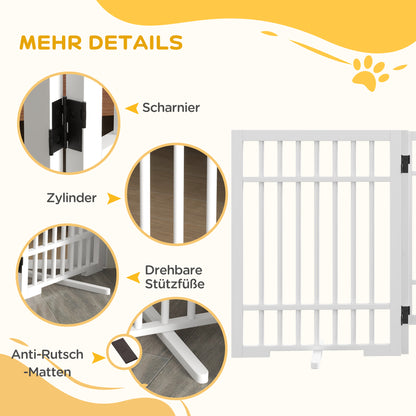 Dog Barrier Gate 4-Panel, 183 x 61 cm Foldable Door Safety Gate Made of Wood, Freestanding Dog Gate with 2 Support Feet, for Kitchen, Hallway, Stairs, White