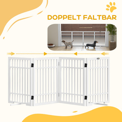 Dog Barrier Gate 4-Panel, 183 x 61 cm Foldable Door Safety Gate Made of Wood, Freestanding Dog Gate with 2 Support Feet, for Kitchen, Hallway, Stairs, White