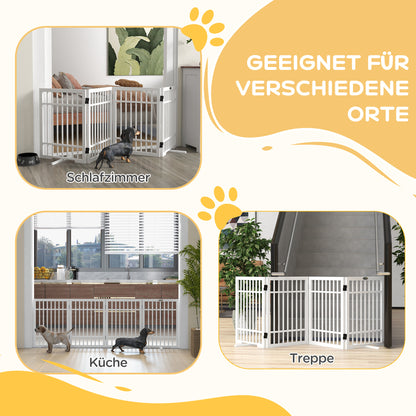 Dog Barrier Gate 4-Panel, 183 x 61 cm Foldable Door Safety Gate Made of Wood, Freestanding Dog Gate with 2 Support Feet, for Kitchen, Hallway, Stairs, White