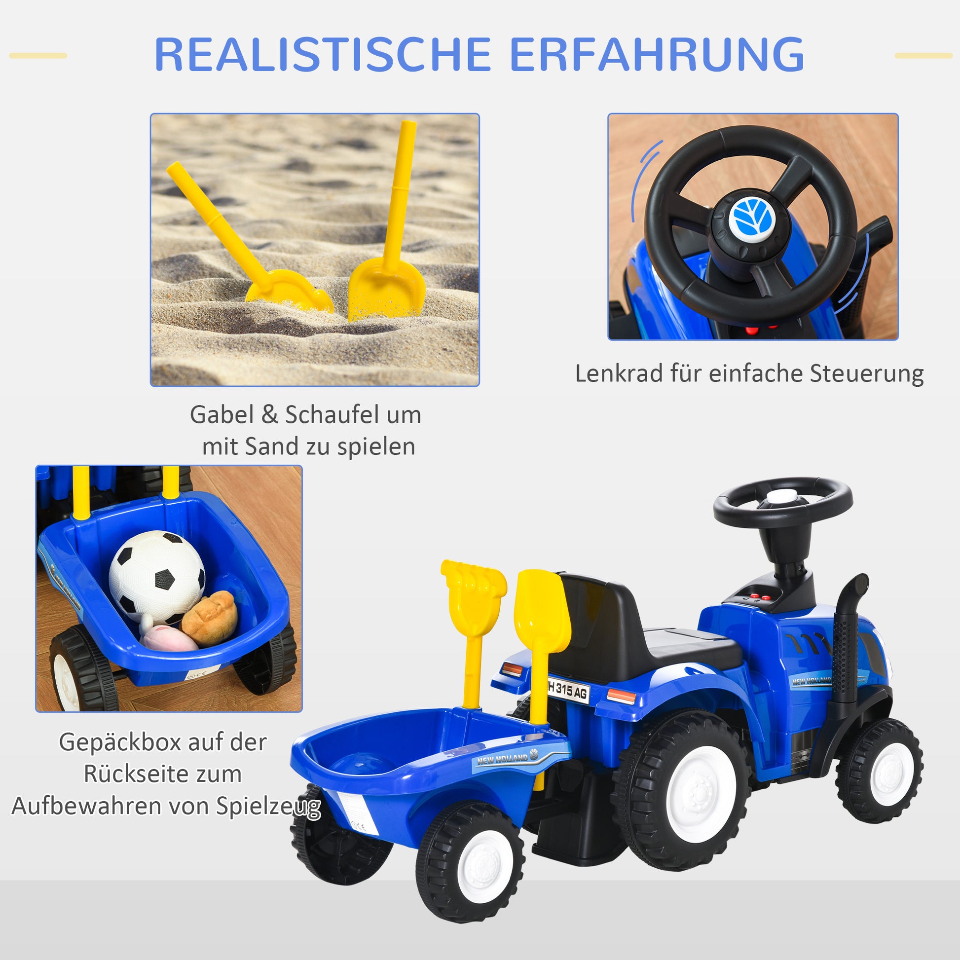 Seat Excavator NEW HOLLAND Ride-On Excavator with Steering Wheel Lights Shovel Kids Excavator with Storage Space under Seat Ride-On Digger Vehicle for Sitting up to 25kg, Sitting for Kids 1-3 Years Blue
