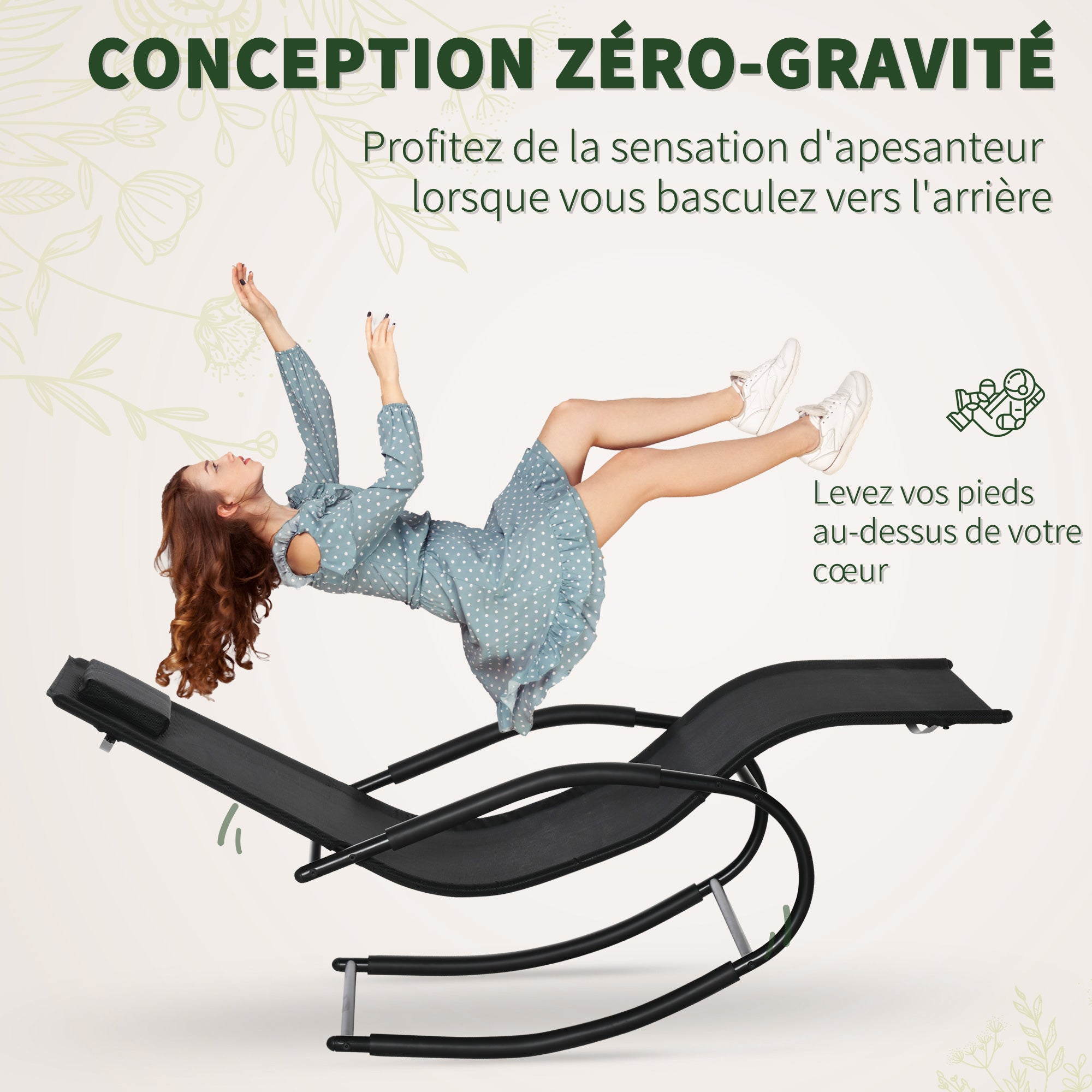 Ergonomic Rocking Chair Rocking Chair with Headrest Galvanized Metal Armrests Textilene dim. 63W x 160D x 88H cm Black