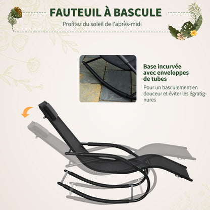Ergonomic Rocking Chair Rocking Chair with Headrest Galvanized Metal Armrests Textilene dim. 63W x 160D x 88H cm Black