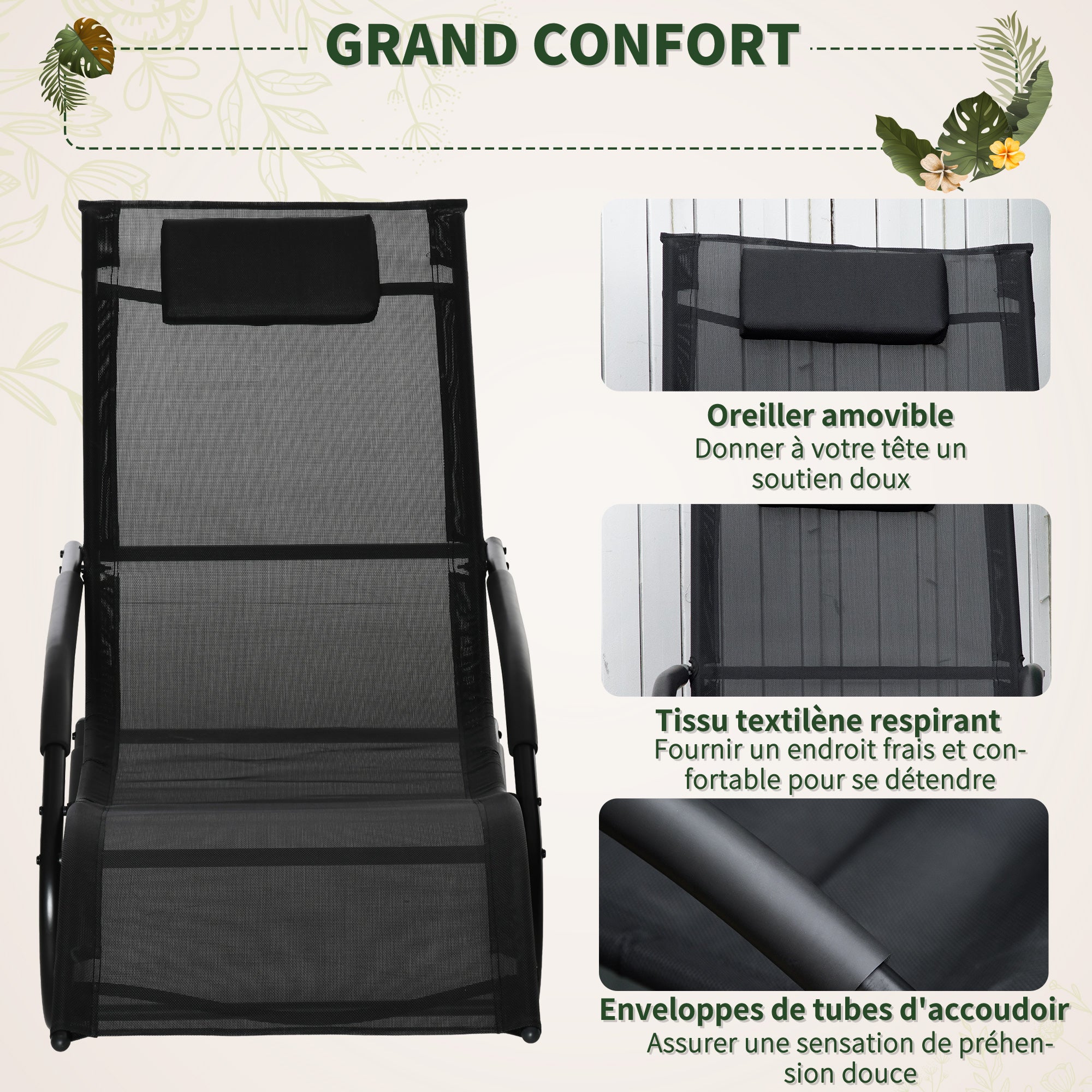 Ergonomic Rocking Chair Rocking Chair with Headrest Galvanized Metal Armrests Textilene dim. 63W x 160D x 88H cm Black