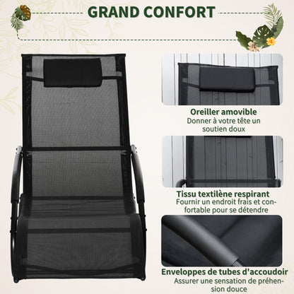 Ergonomic Rocking Chair Rocking Chair with Headrest Galvanized Metal Armrests Textilene dim. 63W x 160D x 88H cm Black