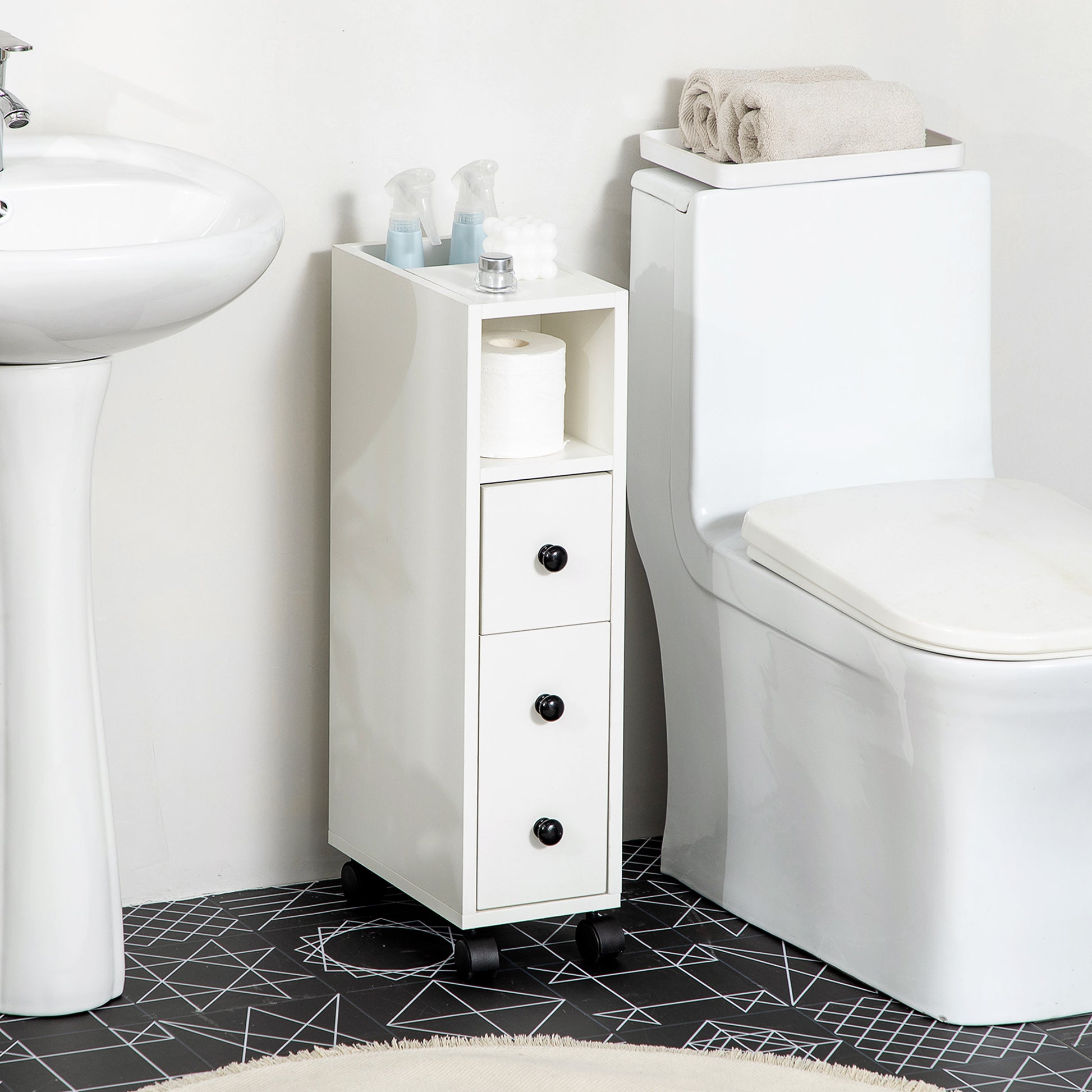 Bathroom Cabinet with Wheels Auxiliary Bathroom Cabinet with Open Shelf Door and Drawer Small Space 18x30x68.5 cm White