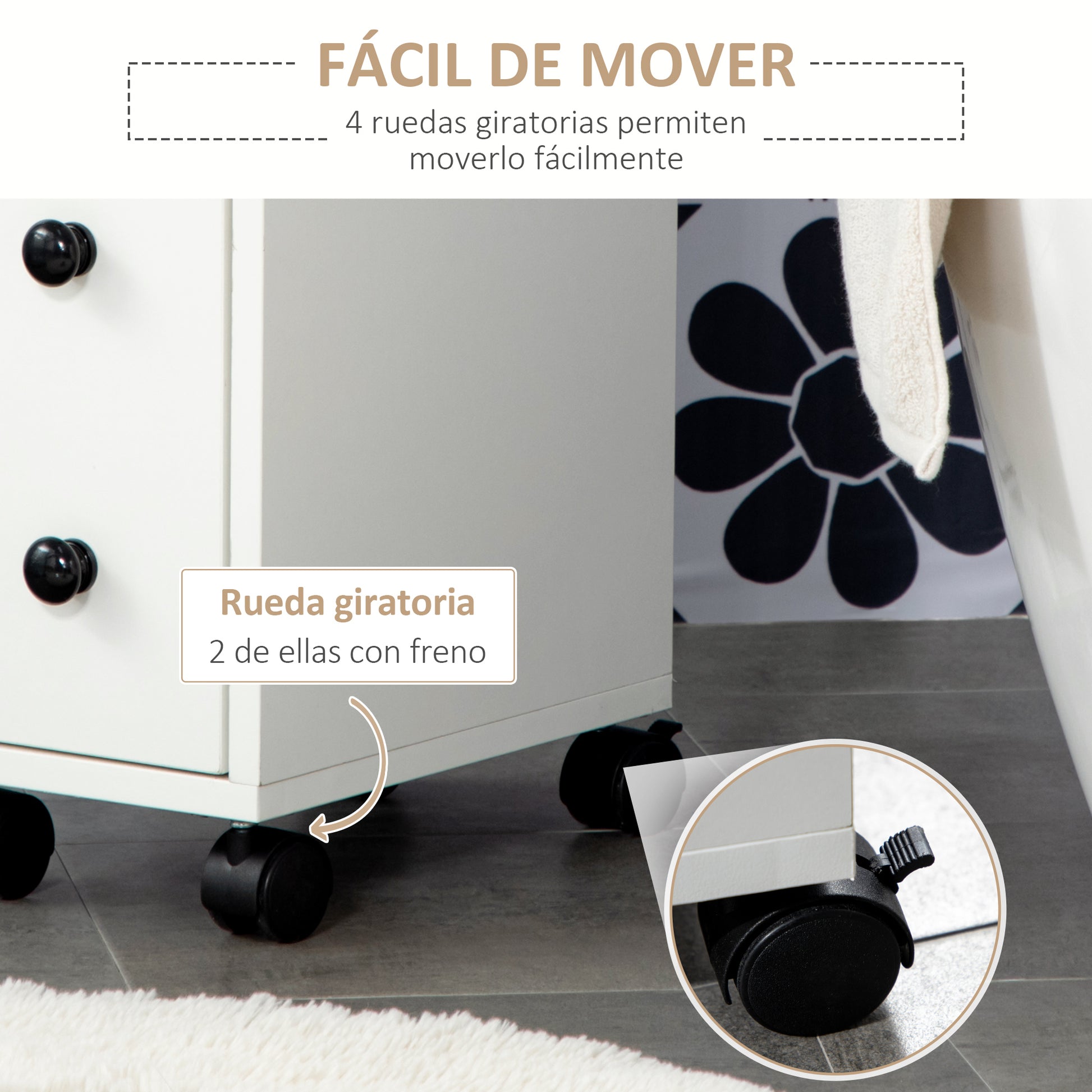 Bathroom Cabinet with Wheels Auxiliary Bathroom Cabinet with Open Shelf Door and Drawer Small Space 18x30x68.5 cm White