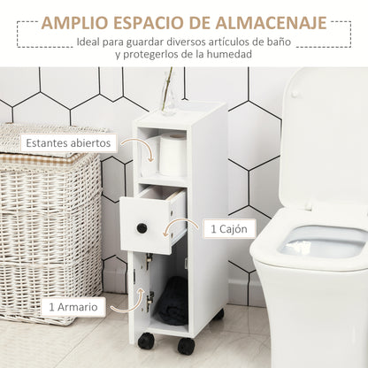 Bathroom Cabinet with Wheels Auxiliary Bathroom Cabinet with Open Shelf Door and Drawer Small Space 18x30x68.5 cm White