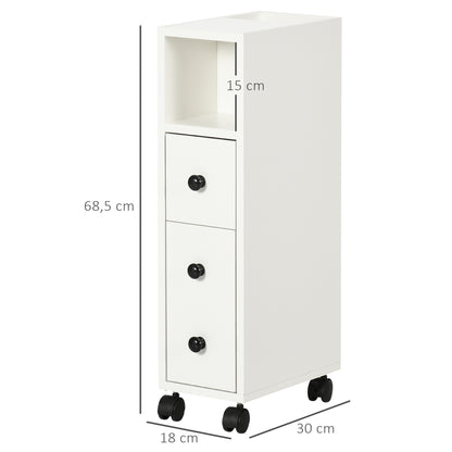 Bathroom Cabinet with Wheels Auxiliary Bathroom Cabinet with Open Shelf Door and Drawer Small Space 18x30x68.5 cm White