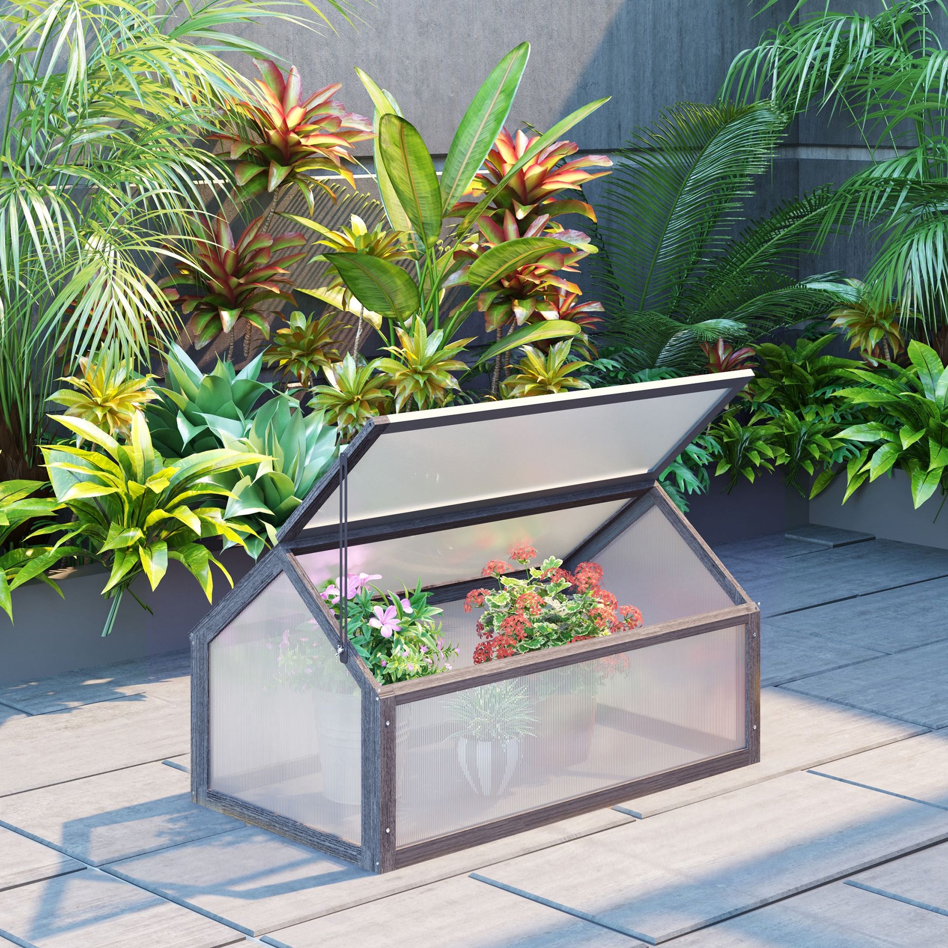 Wooden Mini Greenhouse 90 x 52 x 49.5 cm, Greenhouse with Cover, Light-Transmitting Cold Frame, Winterproof Raised Bed for Garden, Balcony, Gray