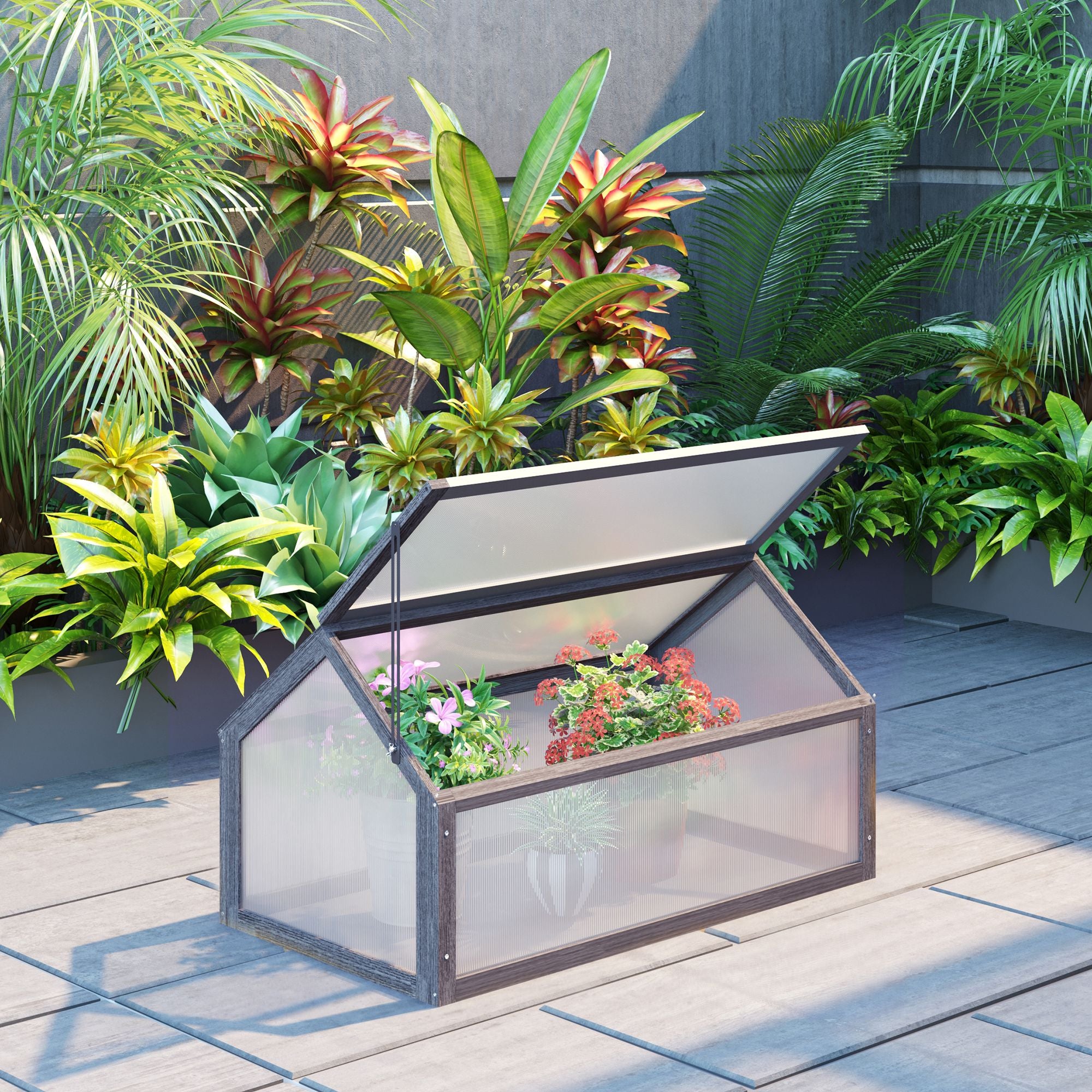 Wooden Mini Greenhouse 90 x 52 x 49.5 cm, Greenhouse with Cover, Light-Transmitting Cold Frame, Winterproof Raised Bed for Garden, Balcony, Gray