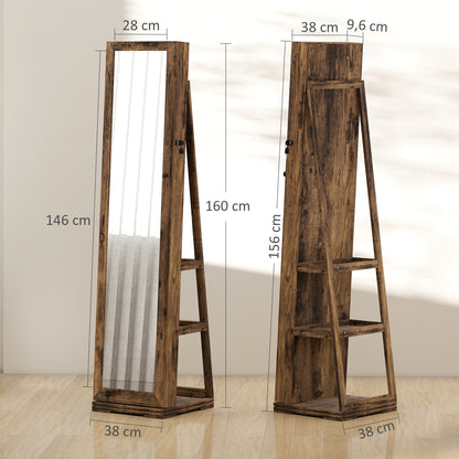 Lockable Swivel Jewelry Armoire Jewelry Box with Mirror - Multi-Storage Jewelry Armoire - Rustic Brown Wood