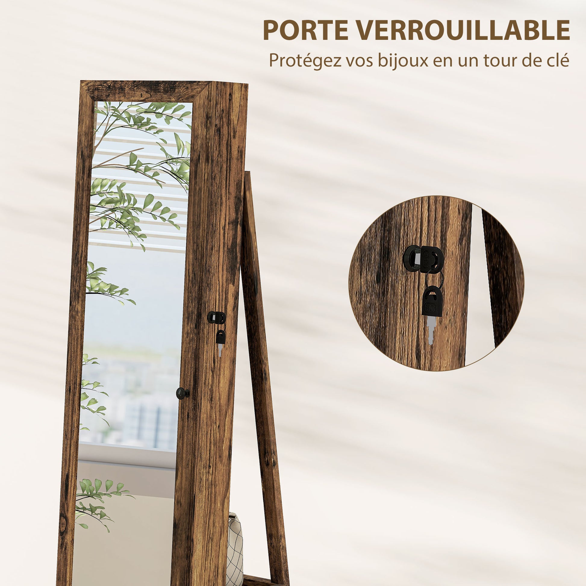 Lockable Swivel Jewelry Armoire Jewelry Box with Mirror - Multi-Storage Jewelry Armoire - Rustic Brown Wood