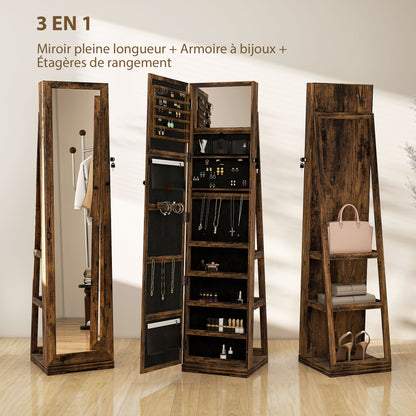 Lockable Swivel Jewelry Armoire Jewelry Box with Mirror - Multi-Storage Jewelry Armoire - Rustic Brown Wood