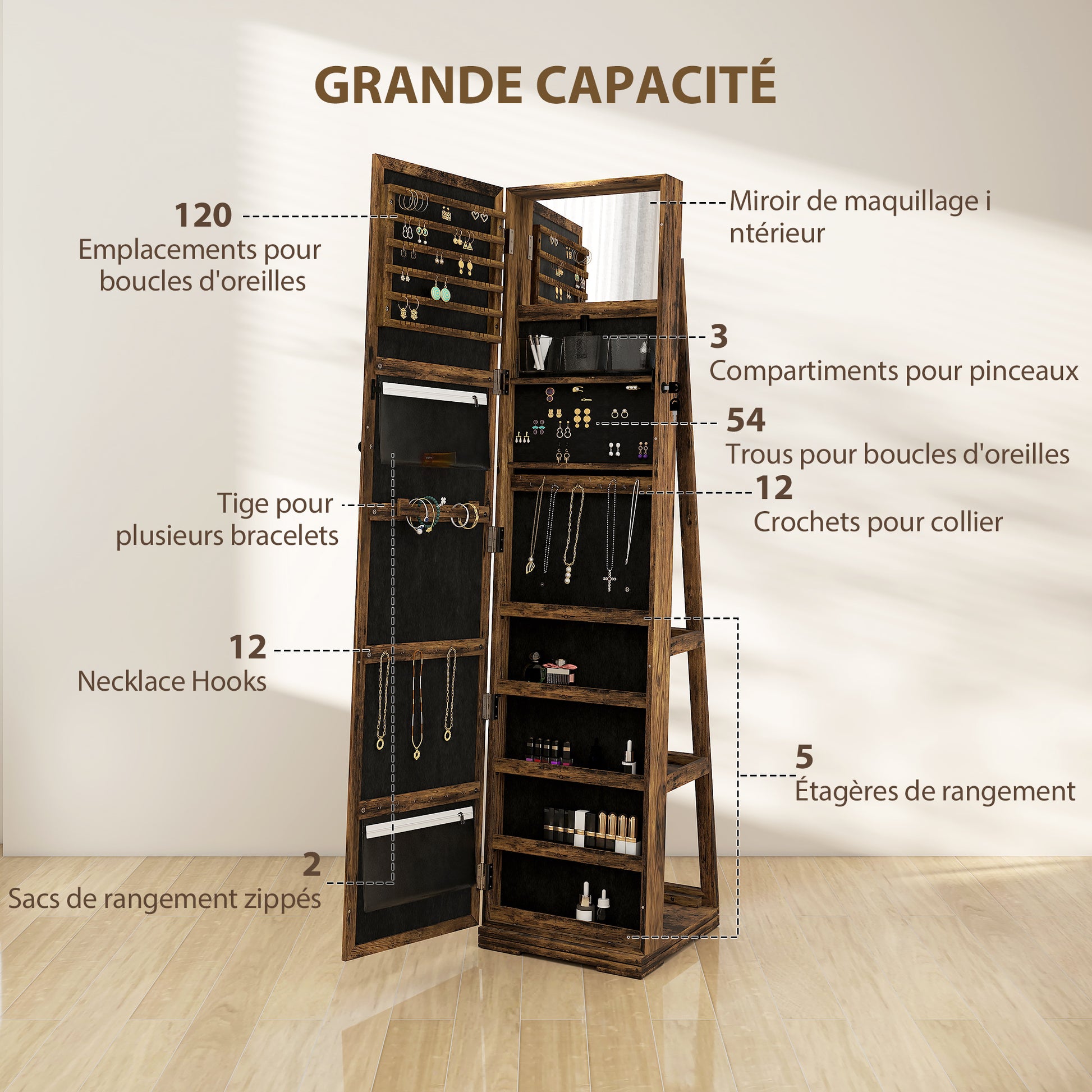Lockable Swivel Jewelry Armoire Jewelry Box with Mirror - Multi-Storage Jewelry Armoire - Rustic Brown Wood