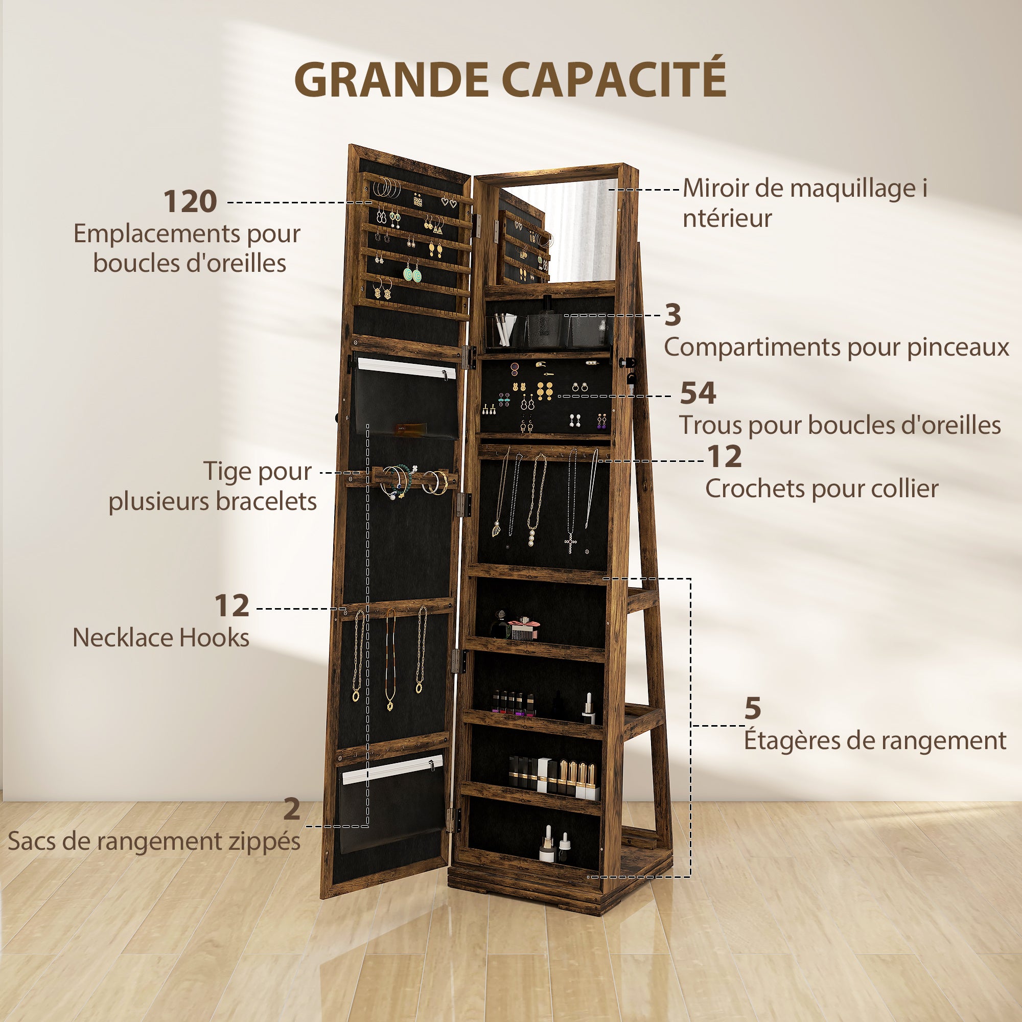 Lockable Swivel Jewelry Armoire Jewelry Box with Mirror - Multi-Storage Jewelry Armoire - Rustic Brown Wood