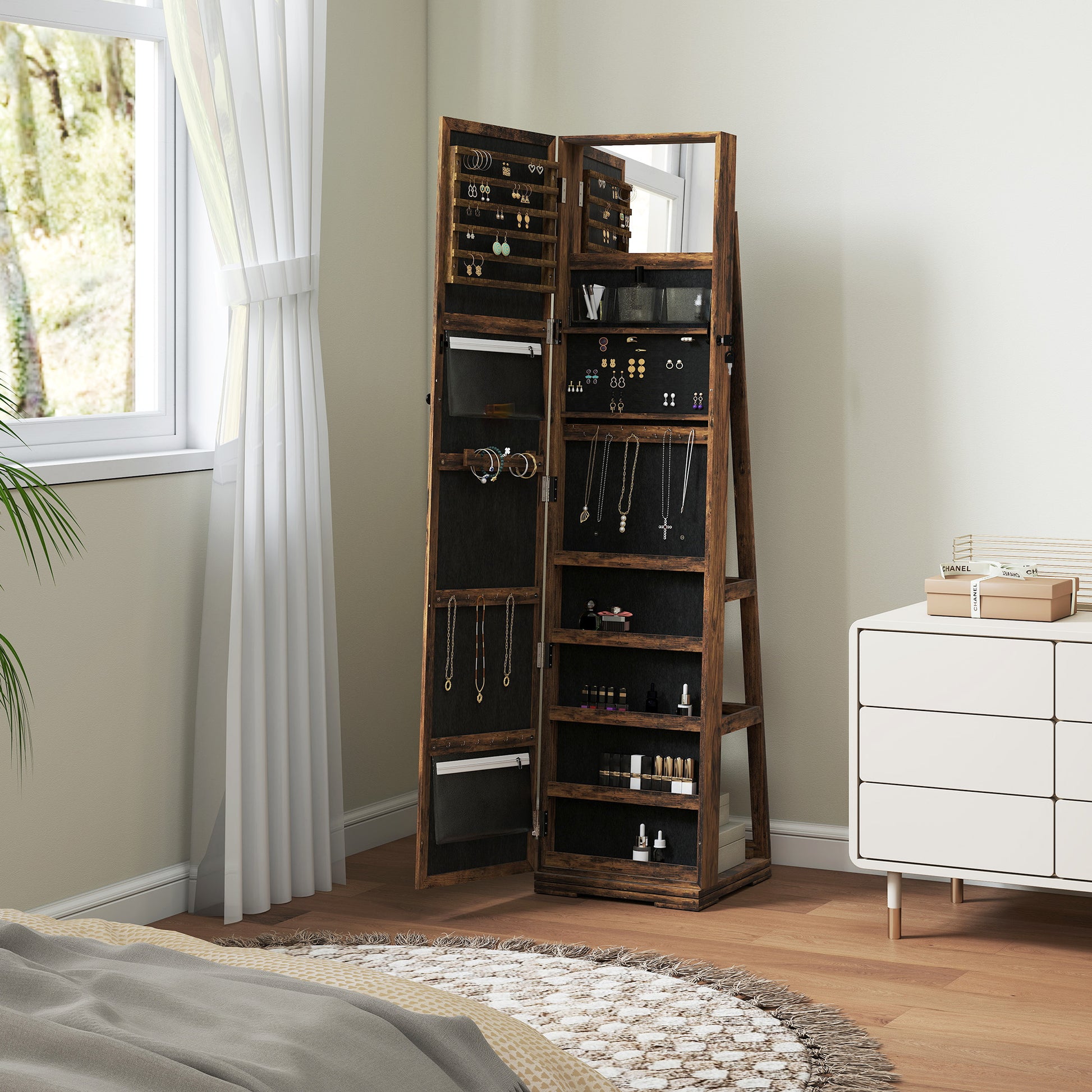 Lockable Swivel Jewelry Armoire Jewelry Box with Mirror - Multi-Storage Jewelry Armoire - Rustic Brown Wood