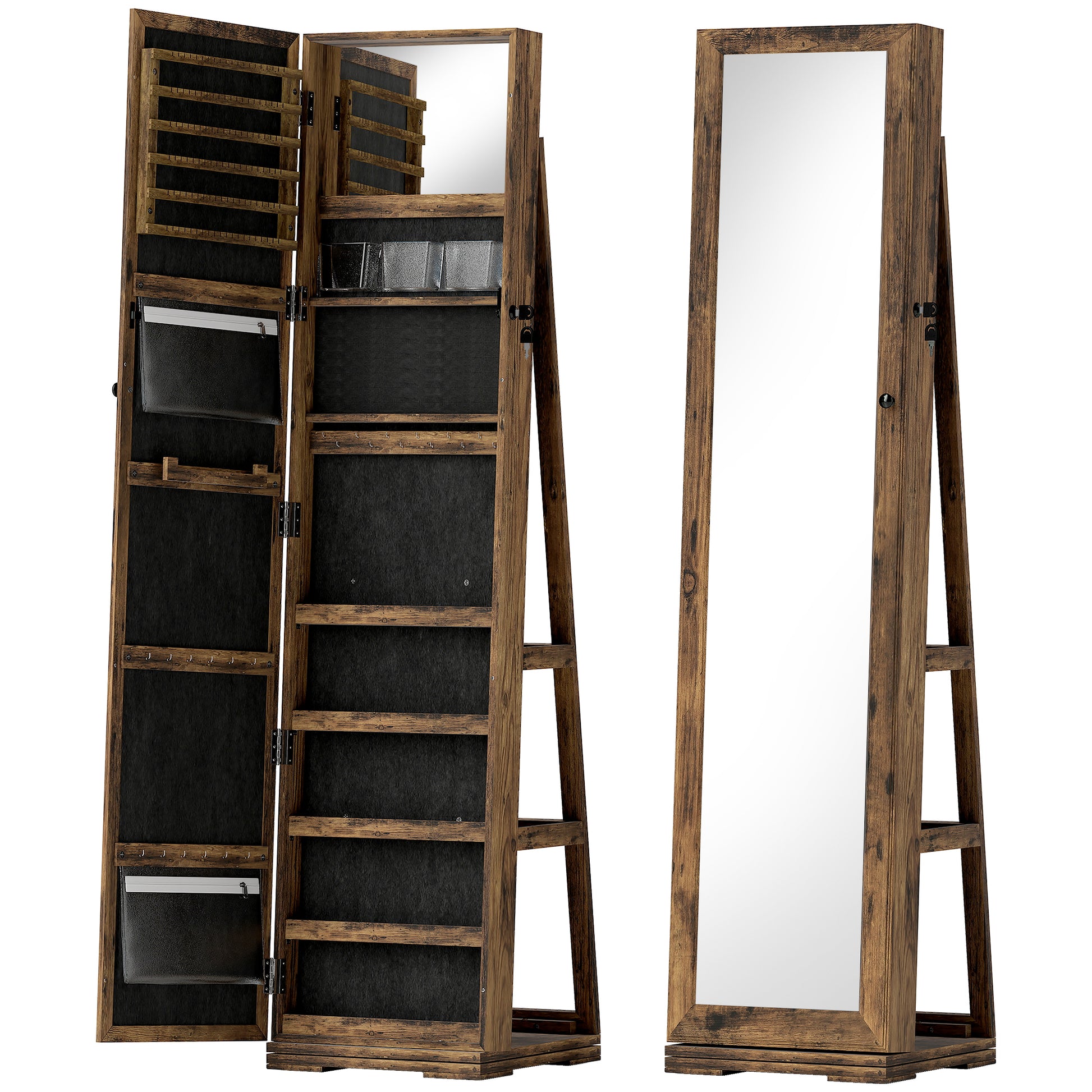 Lockable Swivel Jewelry Armoire Jewelry Box with Mirror - Multi-Storage Jewelry Armoire - Rustic Brown Wood