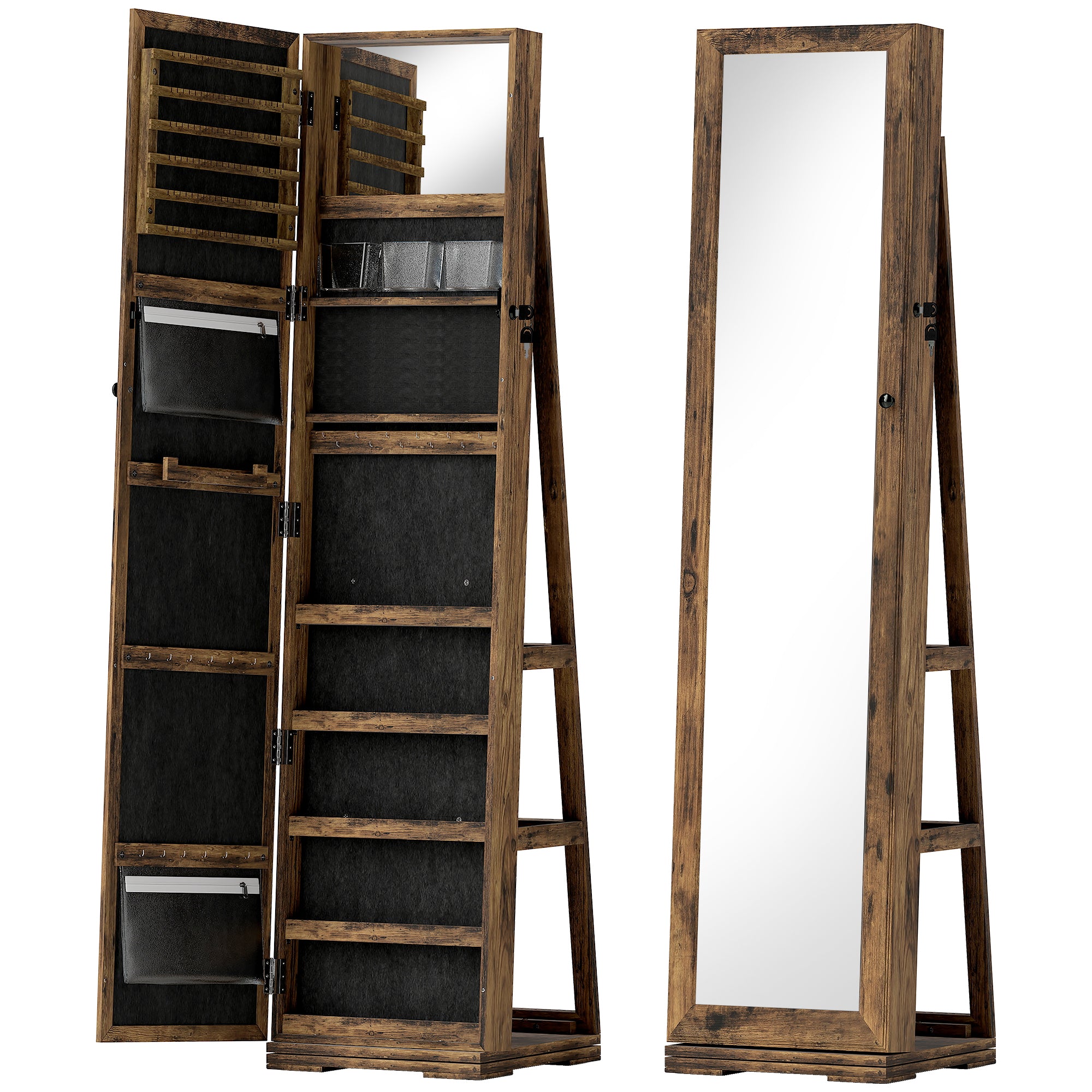 Lockable Swivel Jewelry Armoire Jewelry Box with Mirror - Multi-Storage Jewelry Armoire - Rustic Brown Wood