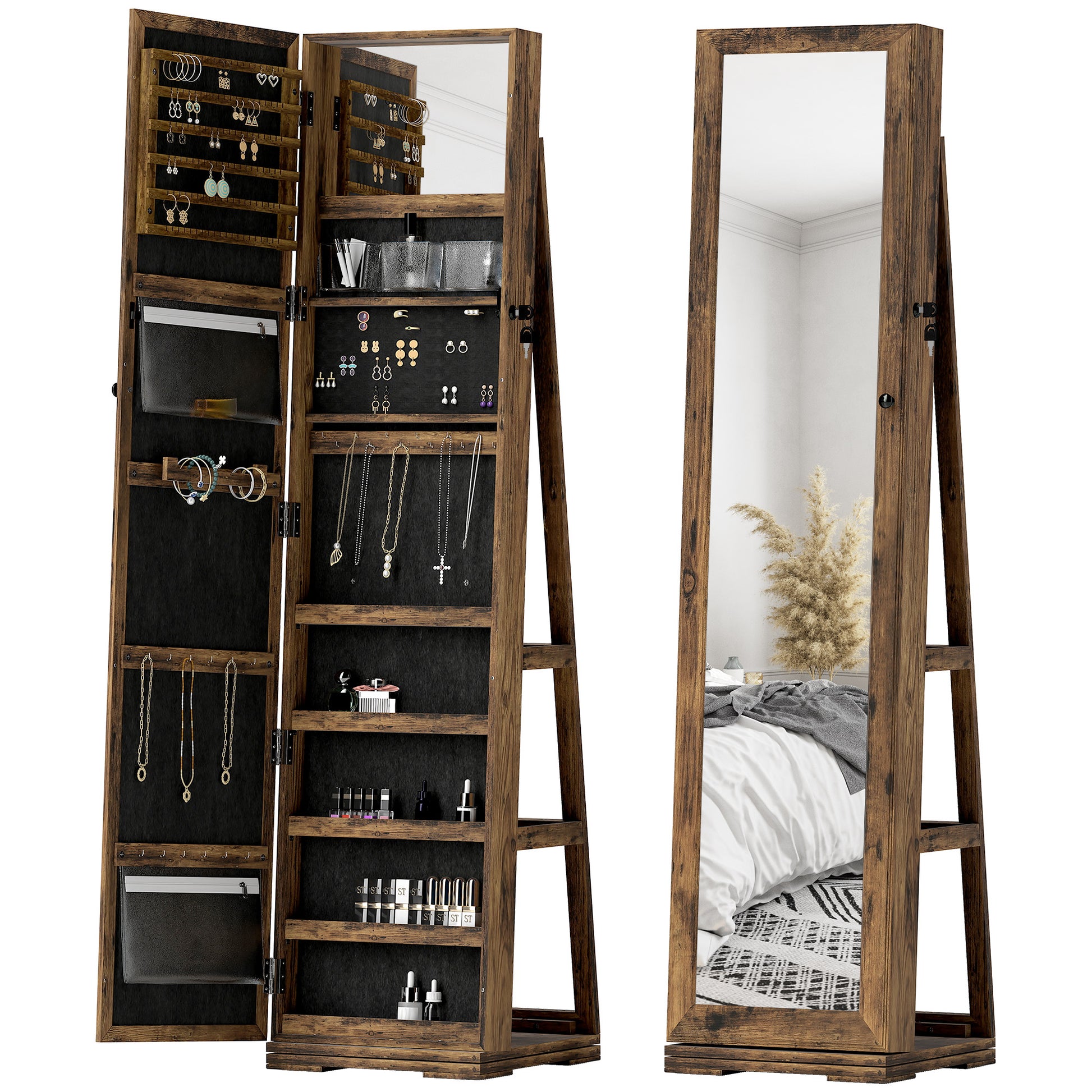Lockable Swivel Jewelry Armoire Jewelry Box with Mirror - Multi-Storage Jewelry Armoire - Rustic Brown Wood