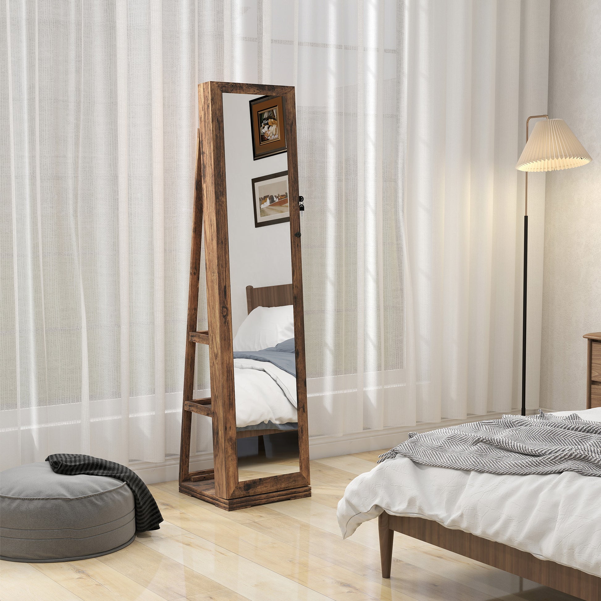 Lockable Swivel Jewelry Armoire Jewelry Box with Mirror - Multi-Storage Jewelry Armoire - Rustic Brown Wood