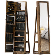 Lockable Swivel Jewelry Armoire Jewelry Box with Mirror - Multi-Storage Jewelry Armoire - Rustic Brown Wood