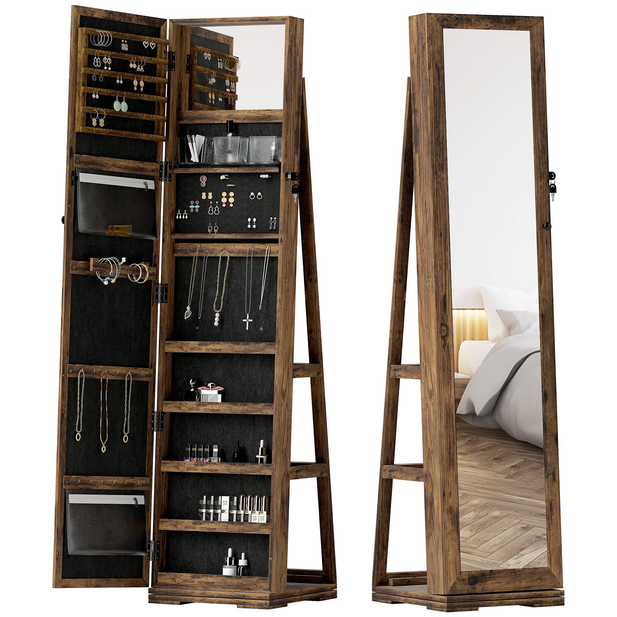 Lockable Swivel Jewelry Armoire Jewelry Box with Mirror - Multi-Storage Jewelry Armoire - Rustic Brown Wood