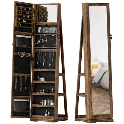 Lockable Swivel Jewelry Armoire Jewelry Box with Mirror - Multi-Storage Jewelry Armoire - Rustic Brown Wood