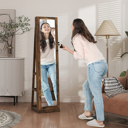 Lockable Swivel Jewelry Armoire Jewelry Box with Mirror - Multi-Storage Jewelry Armoire - Rustic Brown Wood