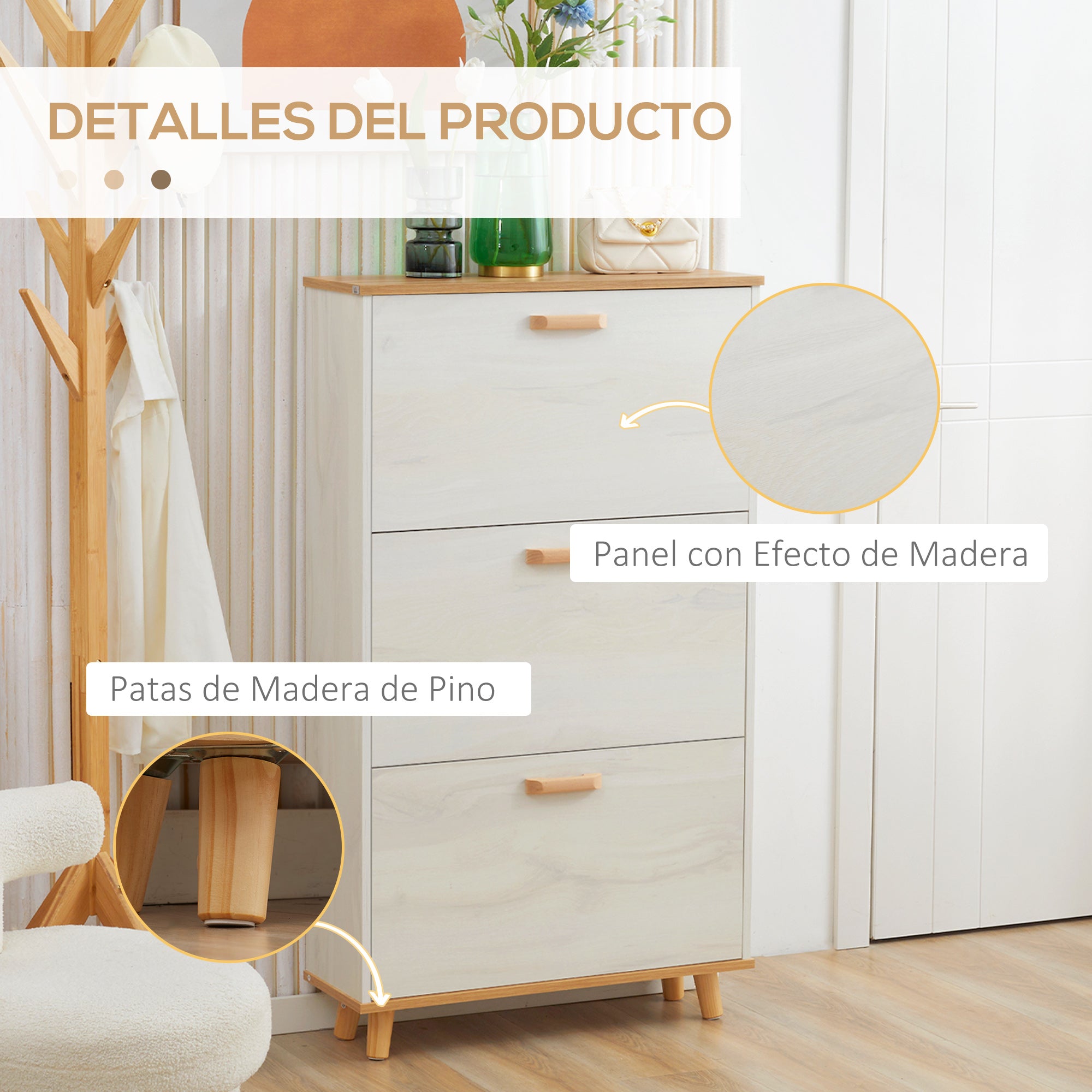 Modern Shoe Cabinet Narrow Shoe Rack with 3 Folding Drawers for 12 Pairs of Shoes and Adjustable Shelf for Hallway Entryway 70x23.5x122 cm White