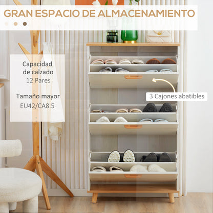 Modern Shoe Cabinet Narrow Shoe Rack with 3 Folding Drawers for 12 Pairs of Shoes and Adjustable Shelf for Hallway Entryway 70x23.5x122 cm White