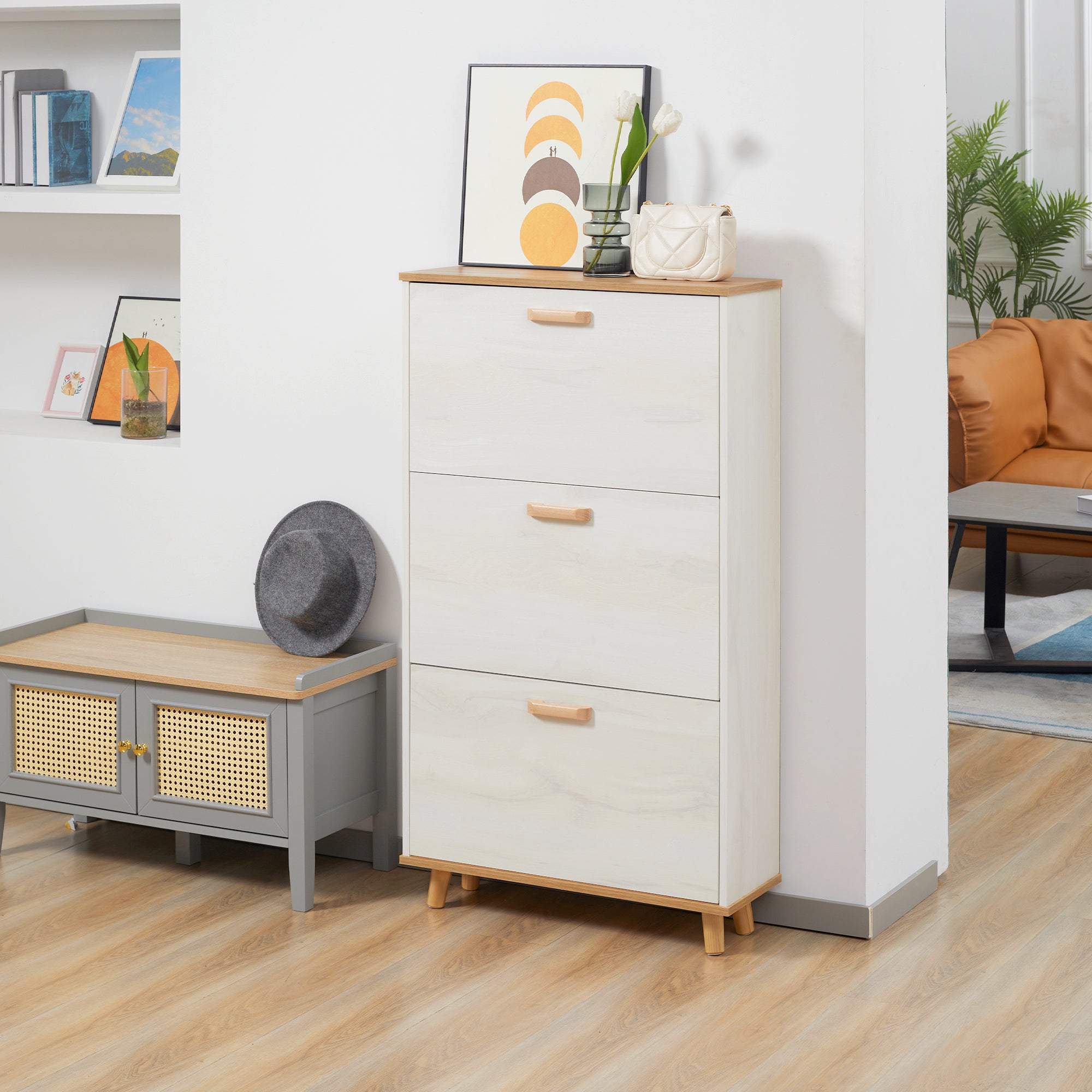 Modern Shoe Cabinet Narrow Shoe Rack with 3 Folding Drawers for 12 Pairs of Shoes and Adjustable Shelf for Hallway Entryway 70x23.5x122 cm White
