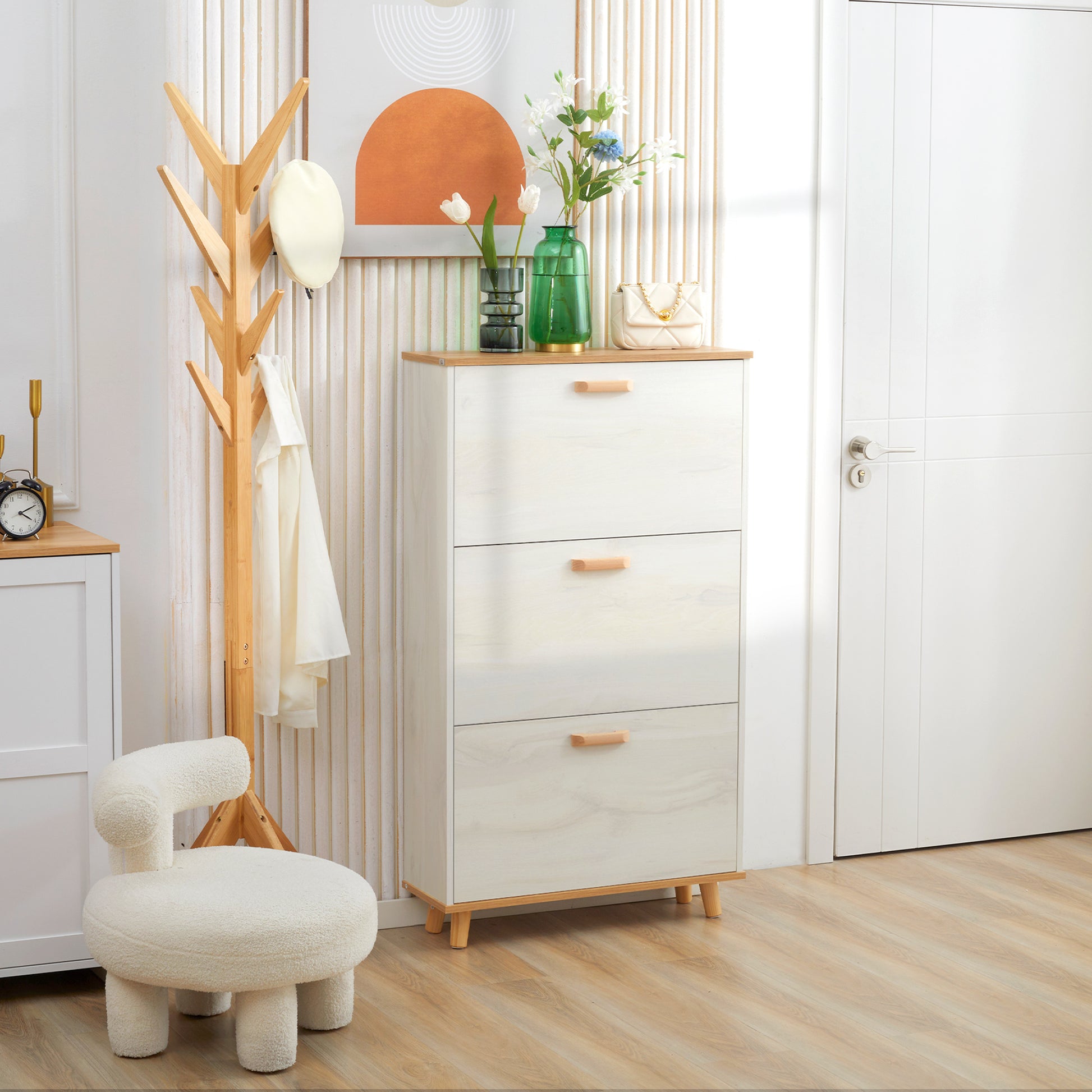 Modern Shoe Cabinet Narrow Shoe Rack with 3 Folding Drawers for 12 Pairs of Shoes and Adjustable Shelf for Hallway Entryway 70x23.5x122 cm White
