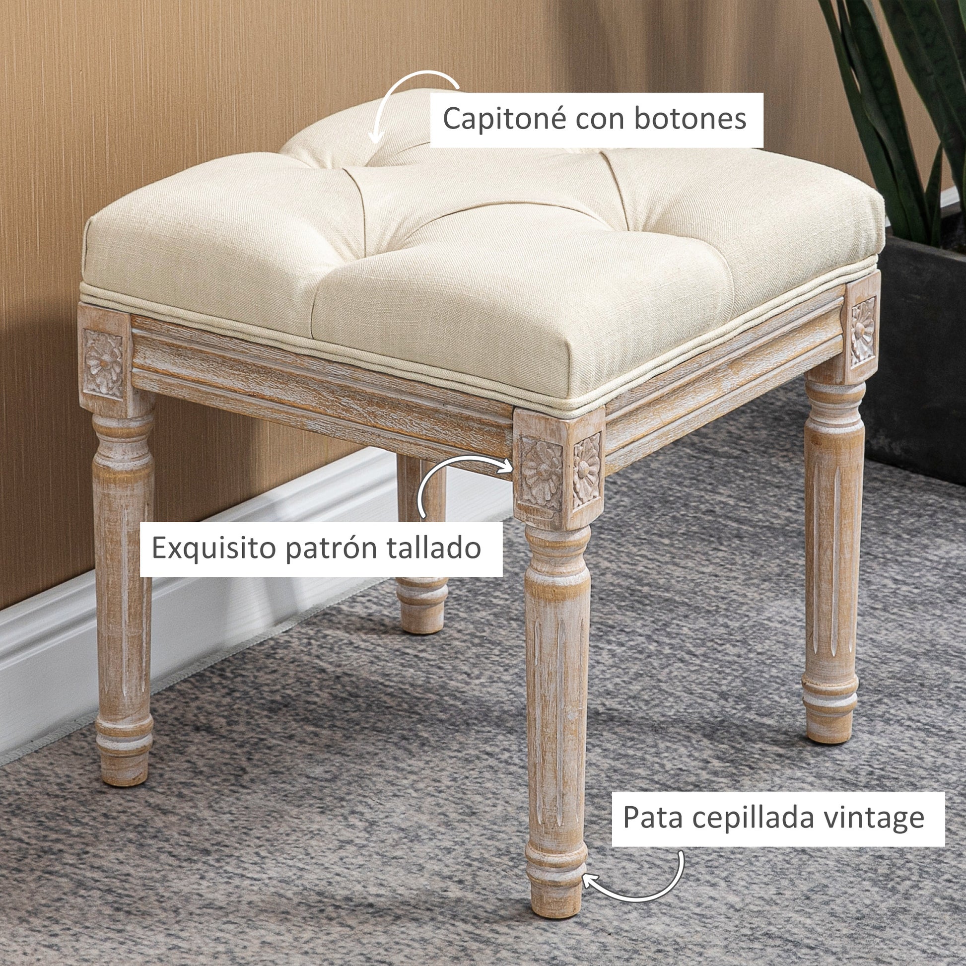 Bed End Stool Bedroom Bench with Wooden Legs and Padded Seat 120 kg Load Entryway Bench Hallway 40x40x43 cm Beige