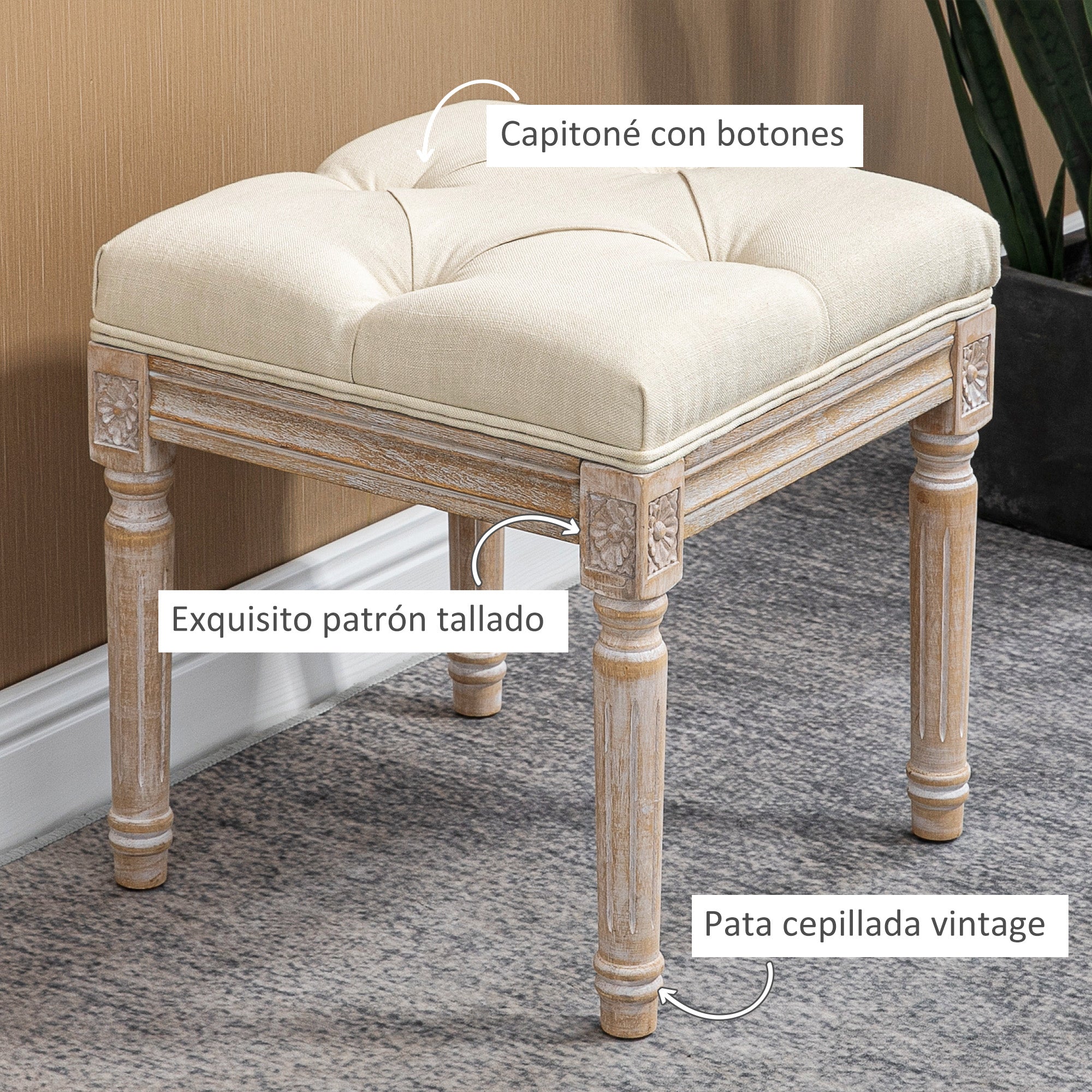 Bed End Stool Bedroom Bench with Wooden Legs and Padded Seat 120 kg Load Entryway Bench Hallway 40x40x43 cm Beige