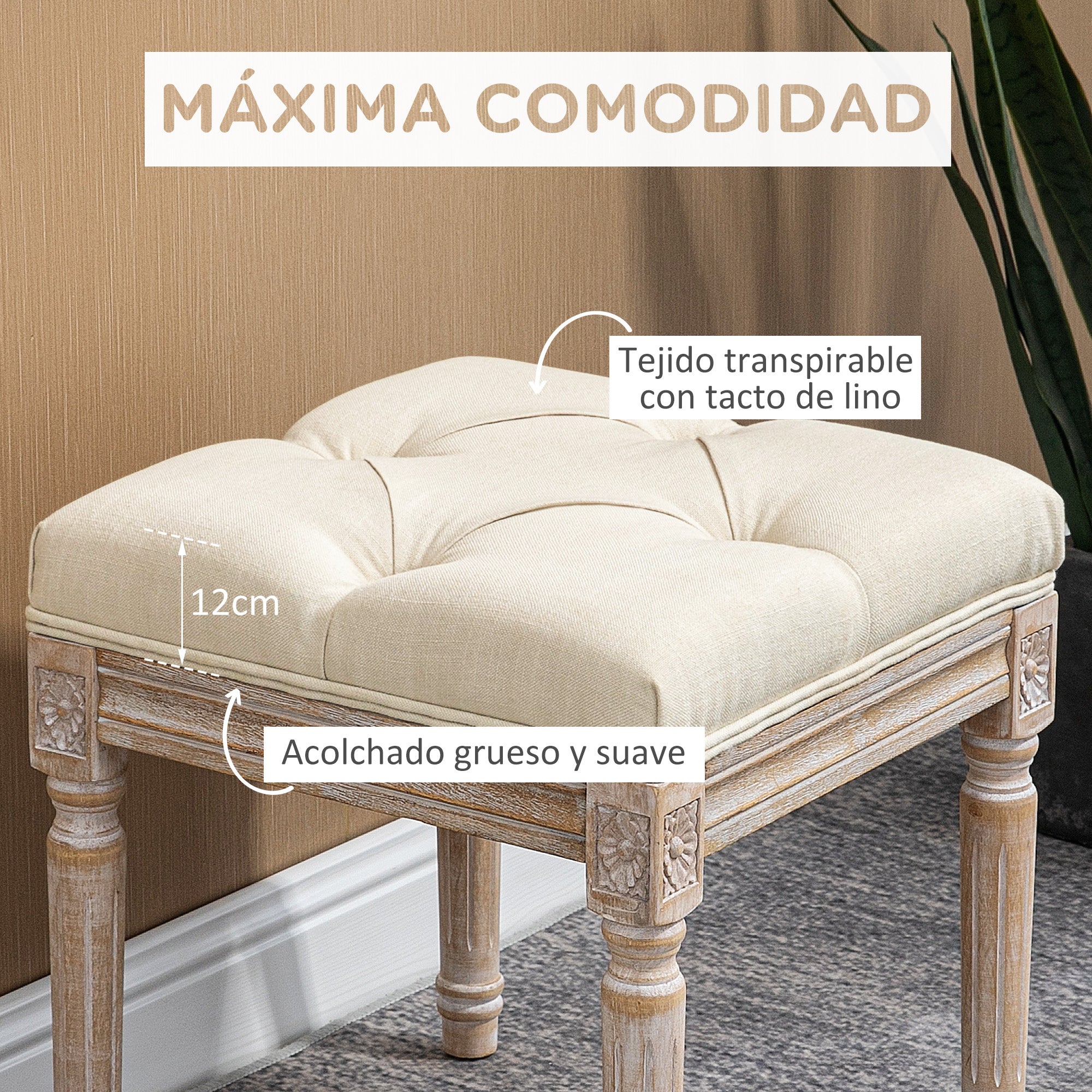 Bed End Stool Bedroom Bench with Wooden Legs and Padded Seat 120 kg Load Entryway Bench Hallway 40x40x43 cm Beige