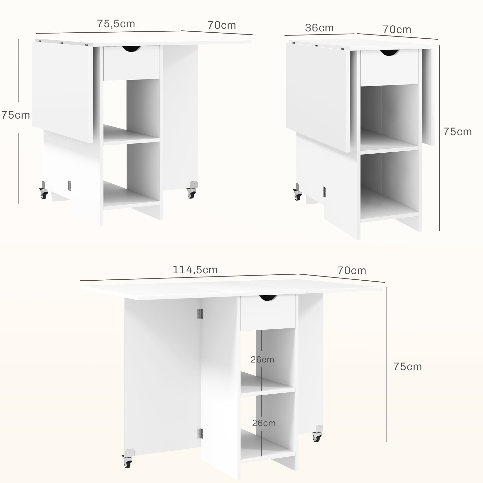 Foldable Dining Table Mobile Kitchen Table for 2-4 People with Open Shelves, 1 Drawer, Folding Table for Small Spaces, Dining Room 114.5 x 70 x 75 cm, White