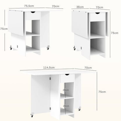 Foldable Dining Table Mobile Kitchen Table for 2-4 People with Open Shelves, 1 Drawer, Folding Table for Small Spaces, Dining Room 114.5 x 70 x 75 cm, White