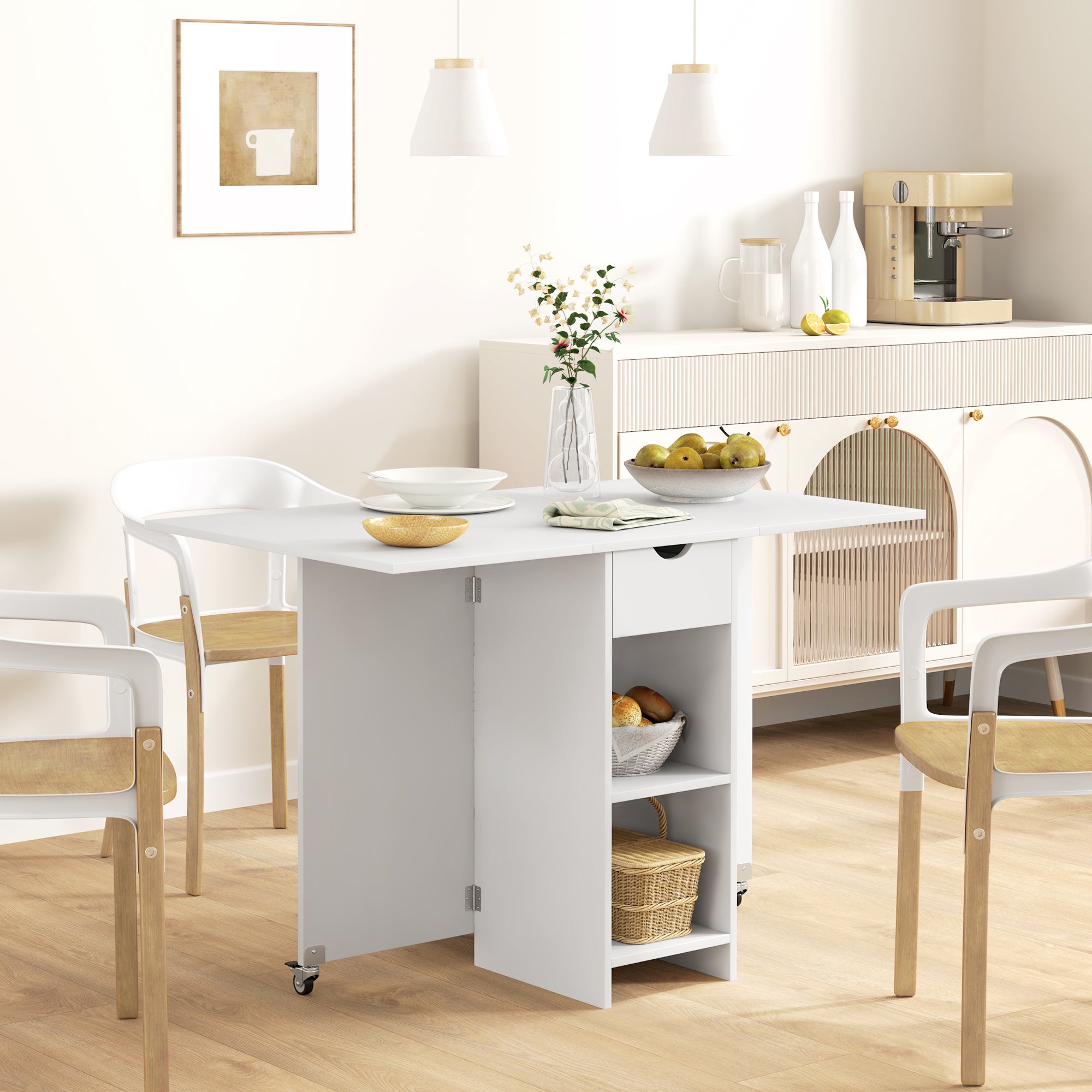 Foldable Dining Table Mobile Kitchen Table for 2-4 People with Open Shelves, 1 Drawer, Folding Table for Small Spaces, Dining Room 114.5 x 70 x 75 cm, White