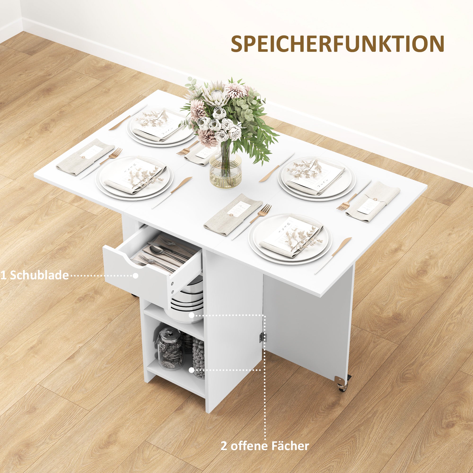 Foldable Dining Table Mobile Kitchen Table for 2-4 People with Open Shelves, 1 Drawer, Folding Table for Small Spaces, Dining Room 114.5 x 70 x 75 cm, White
