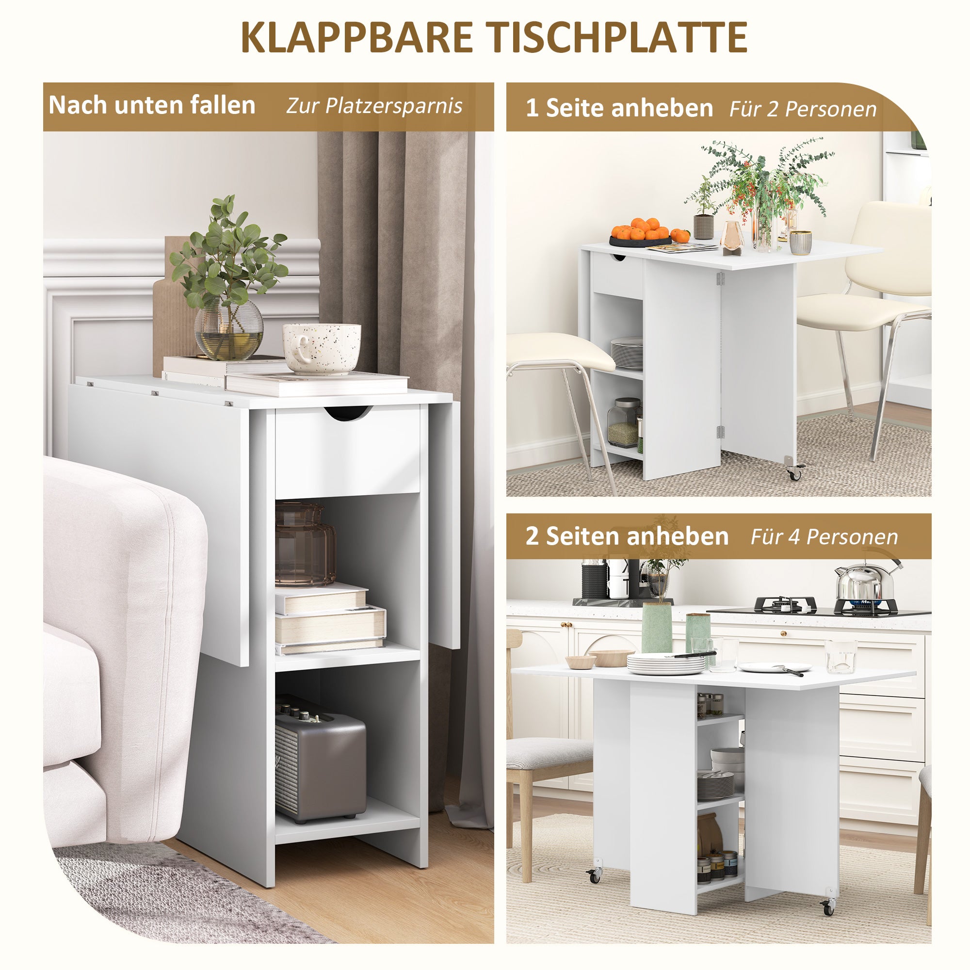 Foldable Dining Table Mobile Kitchen Table for 2-4 People with Open Shelves, 1 Drawer, Folding Table for Small Spaces, Dining Room 114.5 x 70 x 75 cm, White