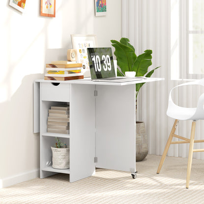 Foldable Dining Table Mobile Kitchen Table for 2-4 People with Open Shelves, 1 Drawer, Folding Table for Small Spaces, Dining Room 114.5 x 70 x 75 cm, White