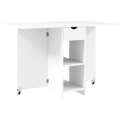 Foldable Dining Table Mobile Kitchen Table for 2-4 People with Open Shelves, 1 Drawer, Folding Table for Small Spaces, Dining Room 114.5 x 70 x 75 cm, White