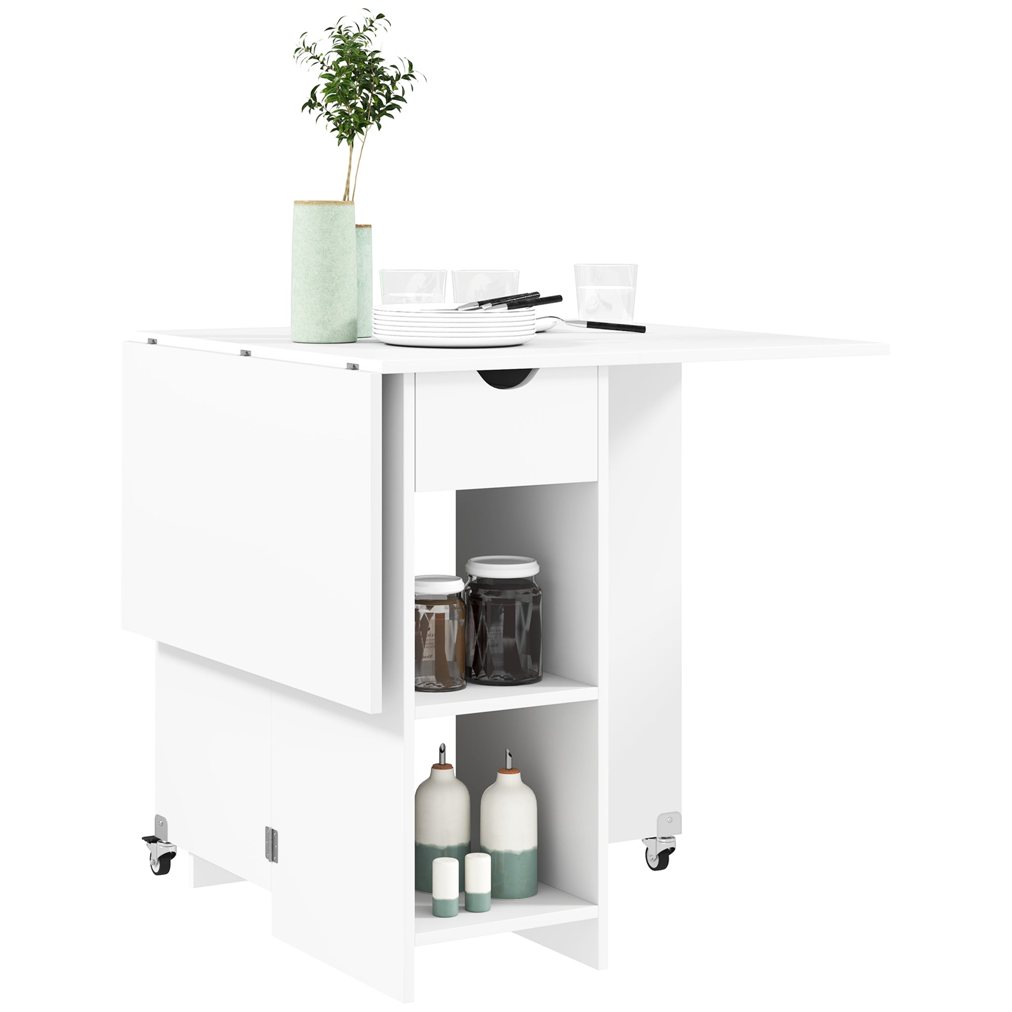 Foldable Dining Table Mobile Kitchen Table for 2-4 People with Open Shelves, 1 Drawer, Folding Table for Small Spaces, Dining Room 114.5 x 70 x 75 cm, White