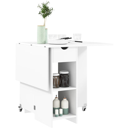 Foldable Dining Table Mobile Kitchen Table for 2-4 People with Open Shelves, 1 Drawer, Folding Table for Small Spaces, Dining Room 114.5 x 70 x 75 cm, White