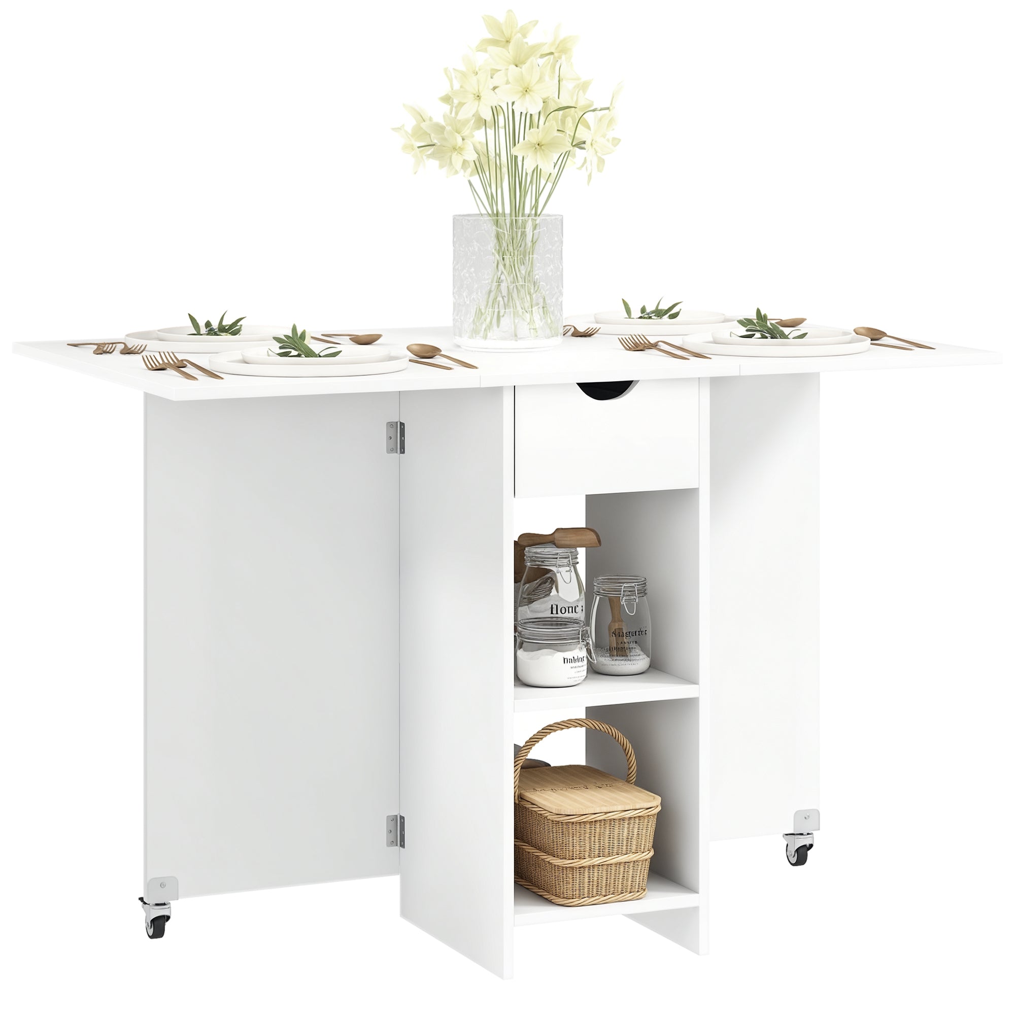 Foldable Dining Table Mobile Kitchen Table for 2-4 People with Open Shelves, 1 Drawer, Folding Table for Small Spaces, Dining Room 114.5 x 70 x 75 cm, White